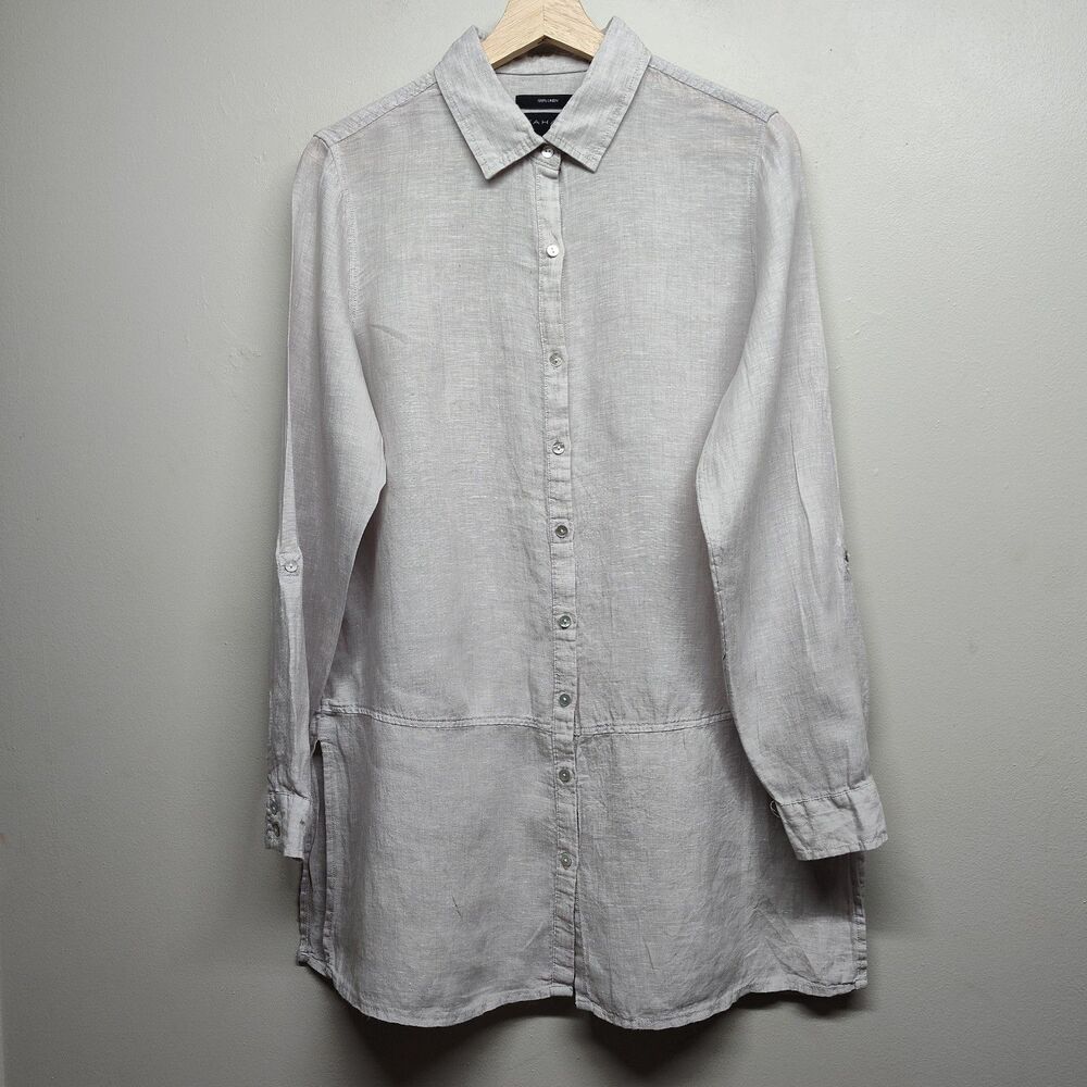 Tahari Linen Button Down Shirt Women Size S Tan Long Roll Tab Sleeve Workwear